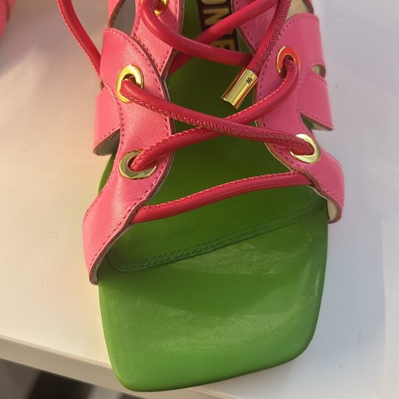 Iconic Kat Maconie pink and green Nappa leather Sandals with 2” heels. - Picture 6 of 10